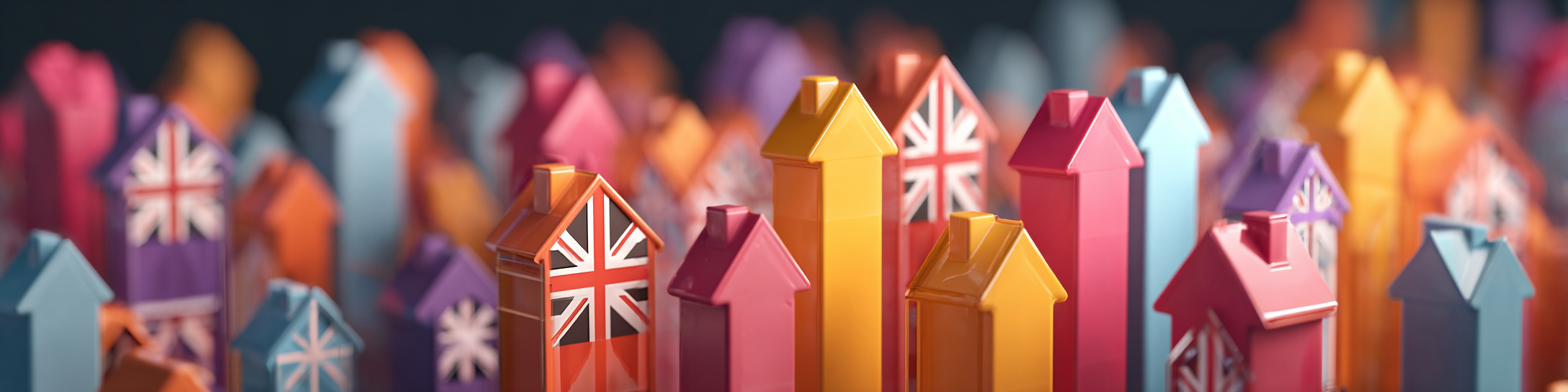 Colourful upwards houses interspersed with Union Jack houses