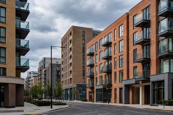 Modern brick and glass apartments in a British city