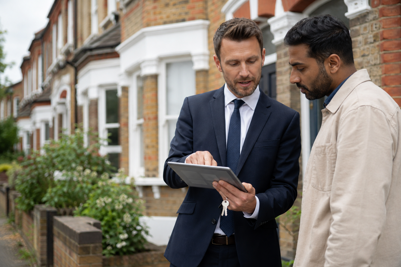 Estate agent showing property details to an investor outside a British terraced house