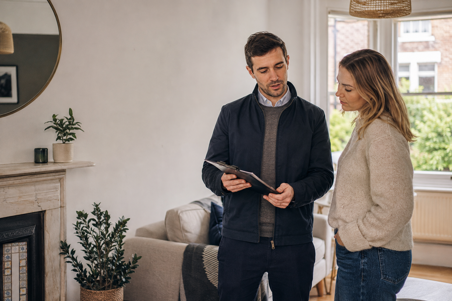 Letting agent reviewing a rental property with a client in a British home