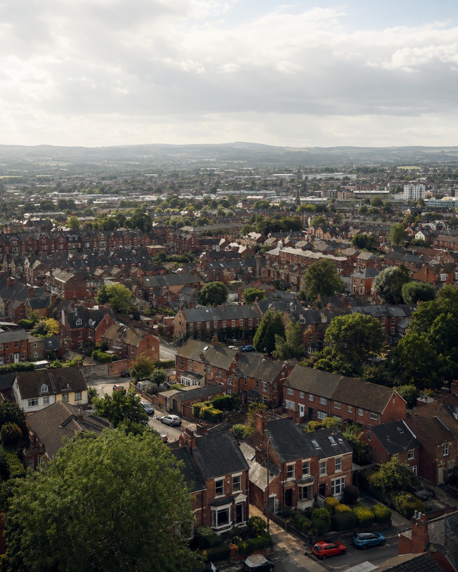 Aerial view across an established Northern English town