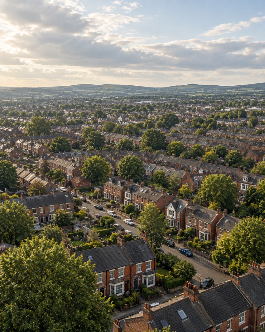 Aerial view across an established Northern English town