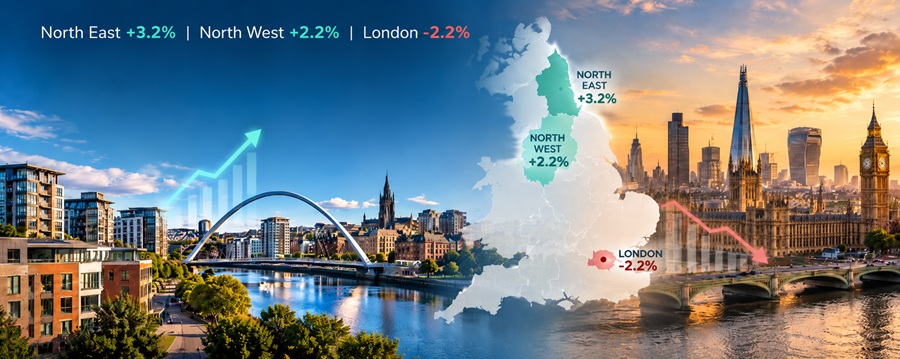 UK regional house price growth in the North East and North West contrasted with a decline in London, August 2026 UK House Price Index